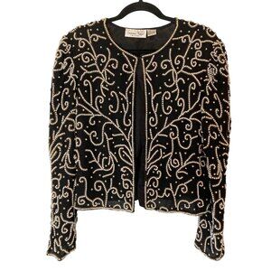 Laurence Kazar New York Black Silk Beaded Jacket Medium Hook Closures Medium